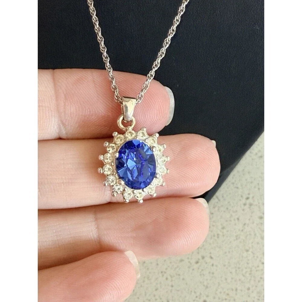 925 Sterling Silver CZ Blue Sapphire Ring Earrings Pendant Necklace Set